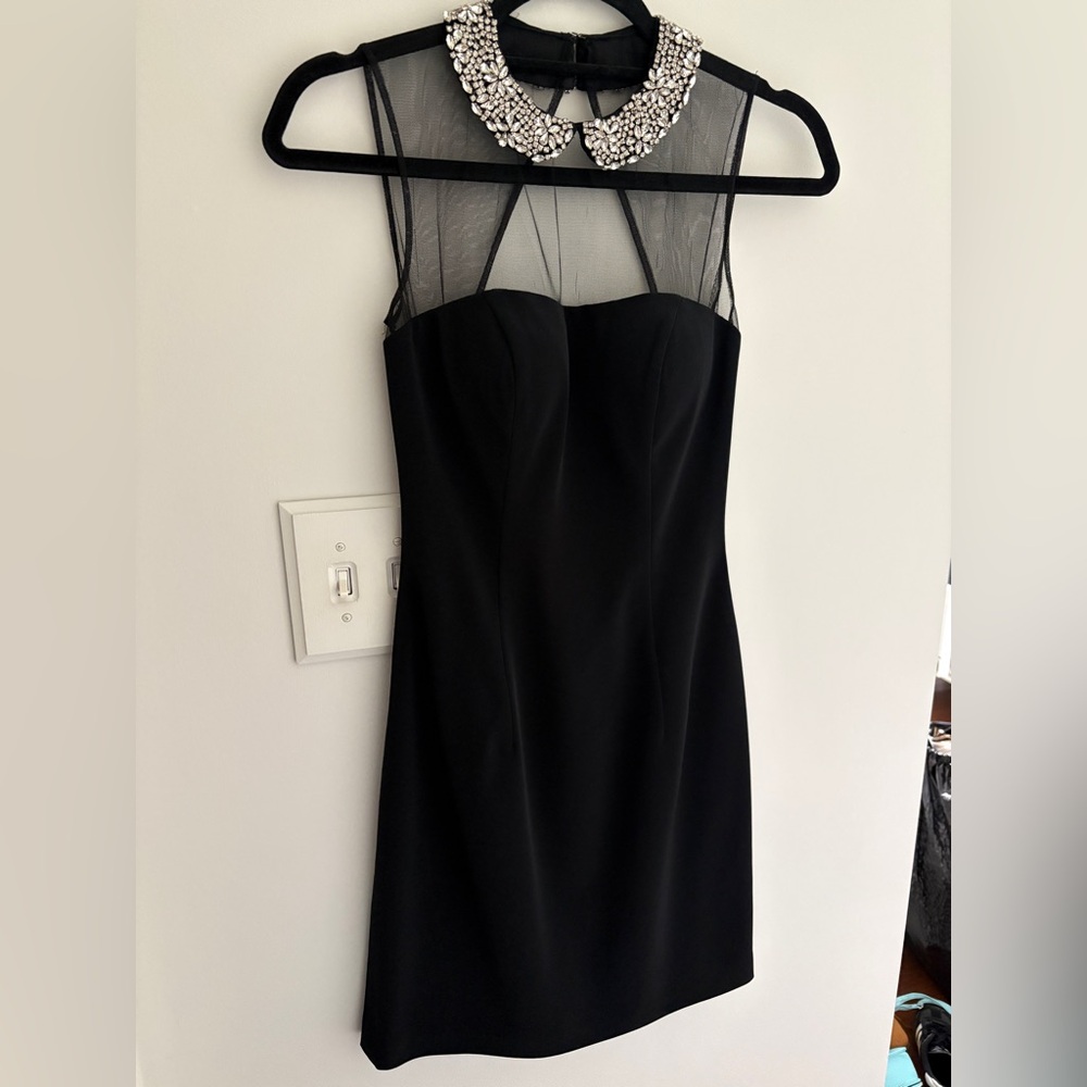 Sherri Hill Silver Beaded/ Black Mesh Yoke Sheath Dress Worn Once Open Back